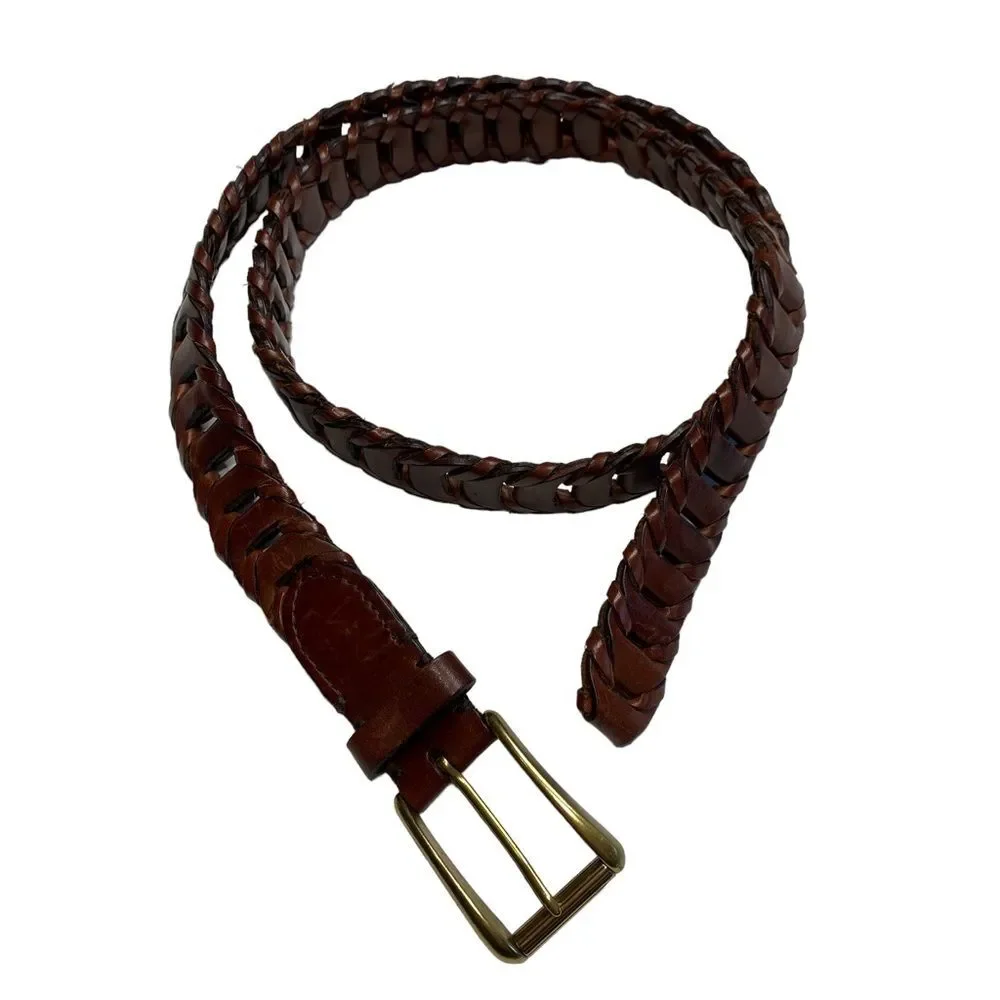 Cole Haan Men’s Brown Woven Leather Belt Solid Brass Buckle Sz 42